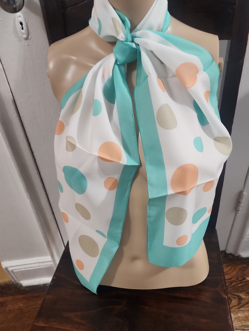 Vintage Liz Sinclair White with Turqoise/Coral/Taupe Poka Dot Oblong Scarf NWOT